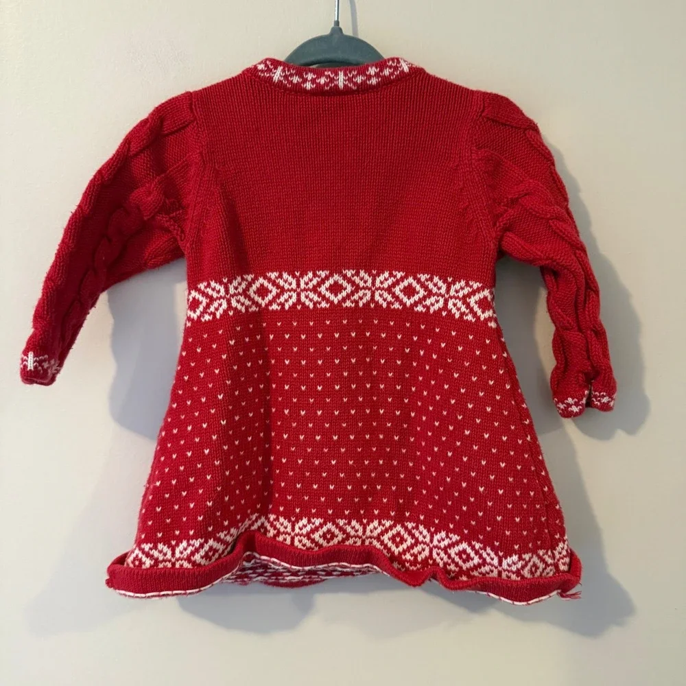 Hanna Andersson Red Fair Isle Knit Baby Dress Snowflake Buttons Long Sleeve‎